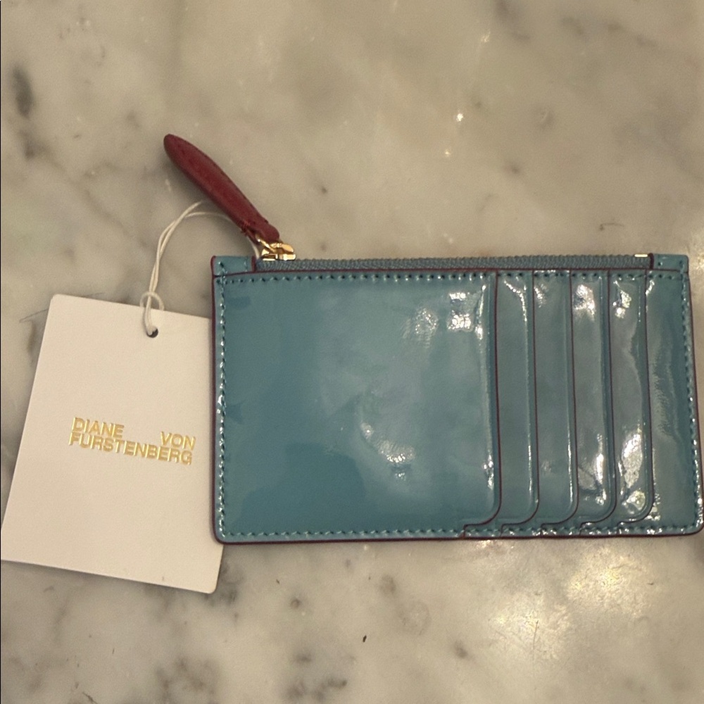 Diane von Furstenberg Blue Patent Cardholder with Red Zip Pull